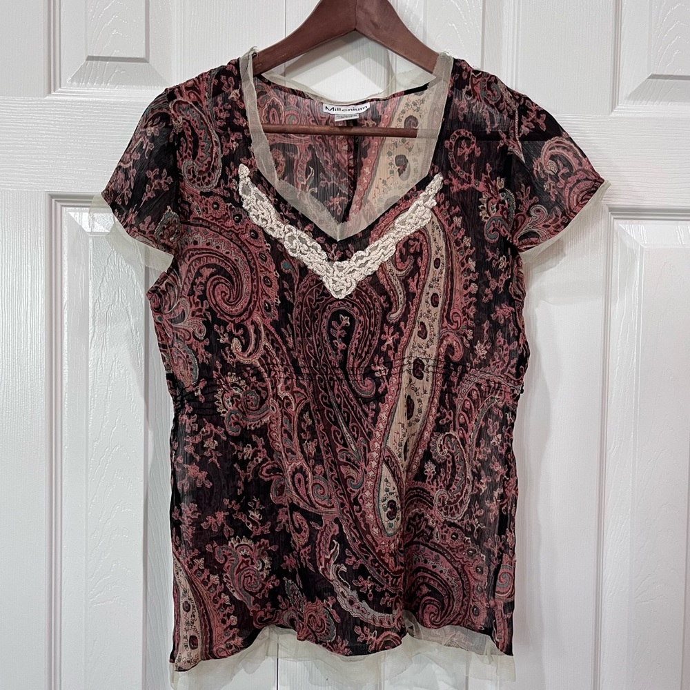 Vintage Millenium Y2K Sheer Paisley Boho Cap Sleeve Top Size L